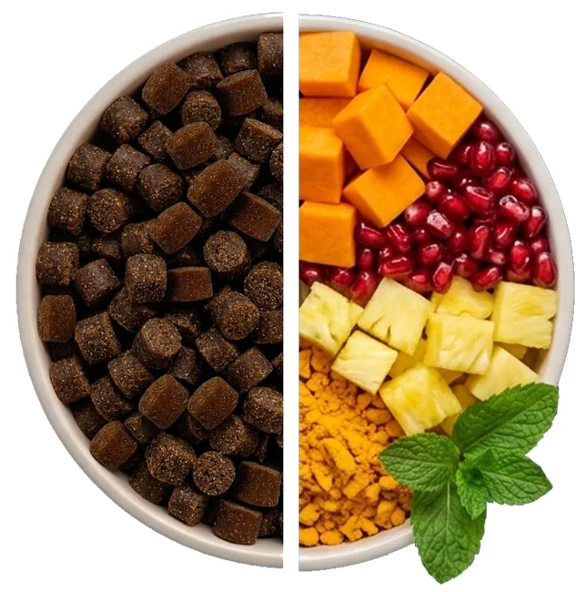 Ein halbierter Napf: auf der einen Seite Chews, auf der anderen Kürbis, Granatapfel, Ananas, Kurkuma und Minze