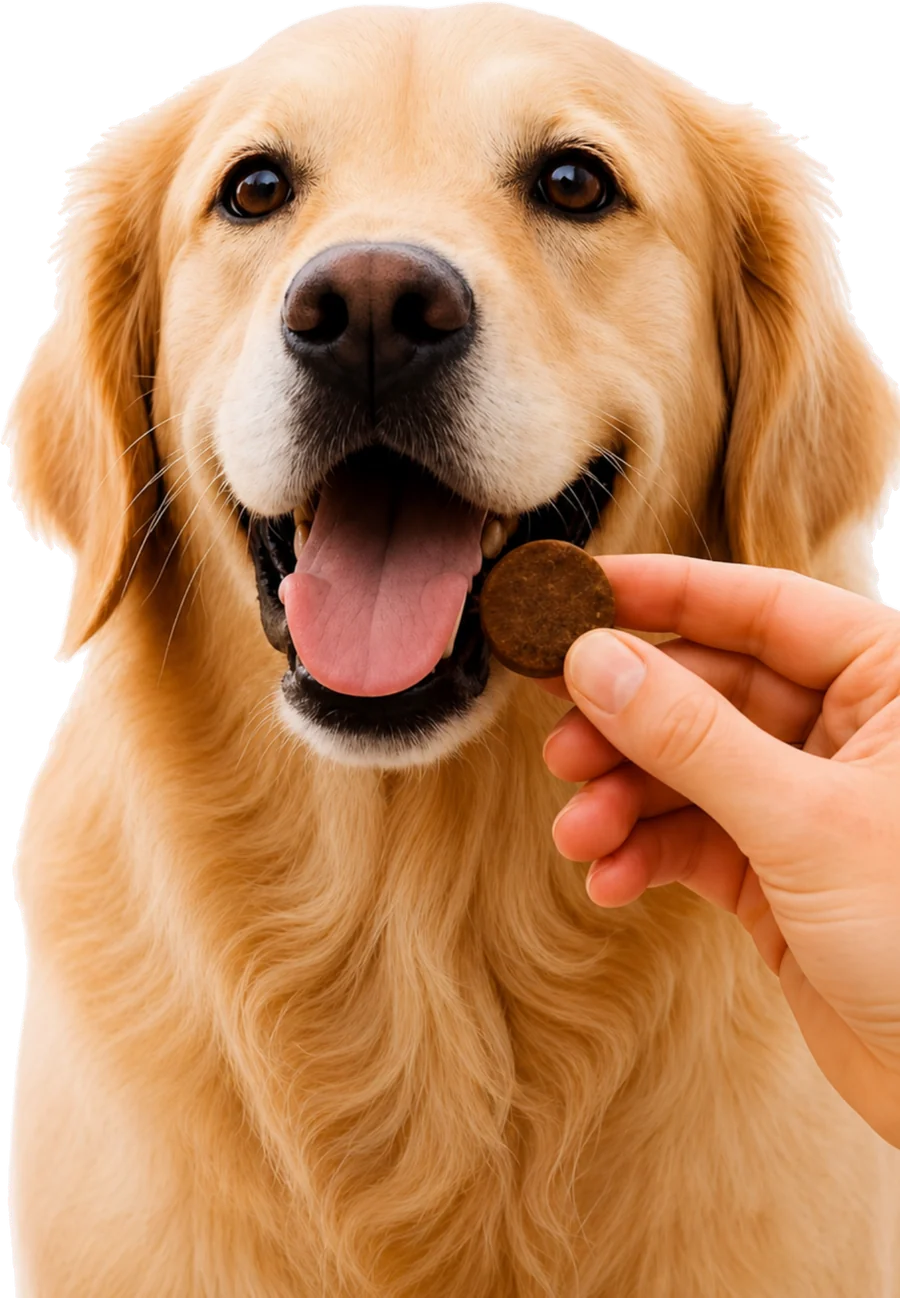 Ein Golden Retriever nimmt einen runden PetForma-Chew aus der Hand